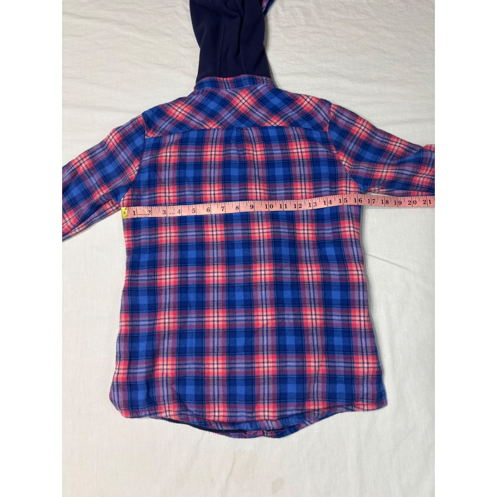 LL Bean Girls Blue Pink Plaid Flannel Fleece Lined Hooded Shirt M 10-12 - Picture 5 of 6